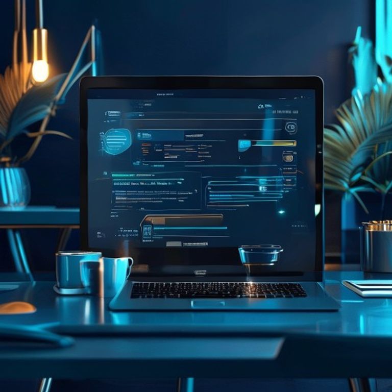 Modern tech workspace, clean office, laptop screen showing ChatGPT interface, coffee mug, natural... - AI Precision Marketing