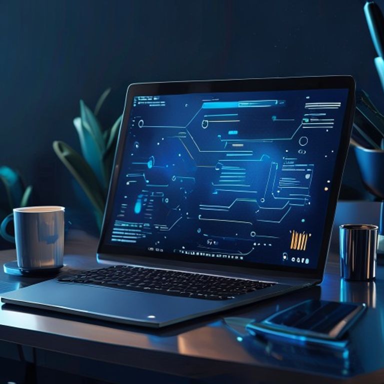 Modern tech workspace, laptop screen showing Jasper interface, notebook, coffee, natural lighting - AI Precision Marketing