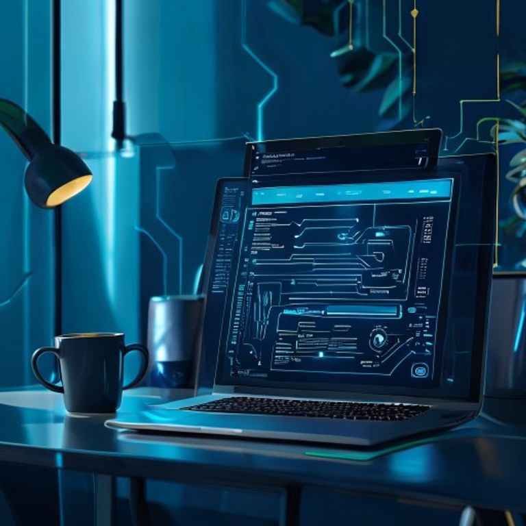 Modern tech workspace with laptop displaying AI interface, clean desk with coffee mug, natural li... - AI Precision Marketing