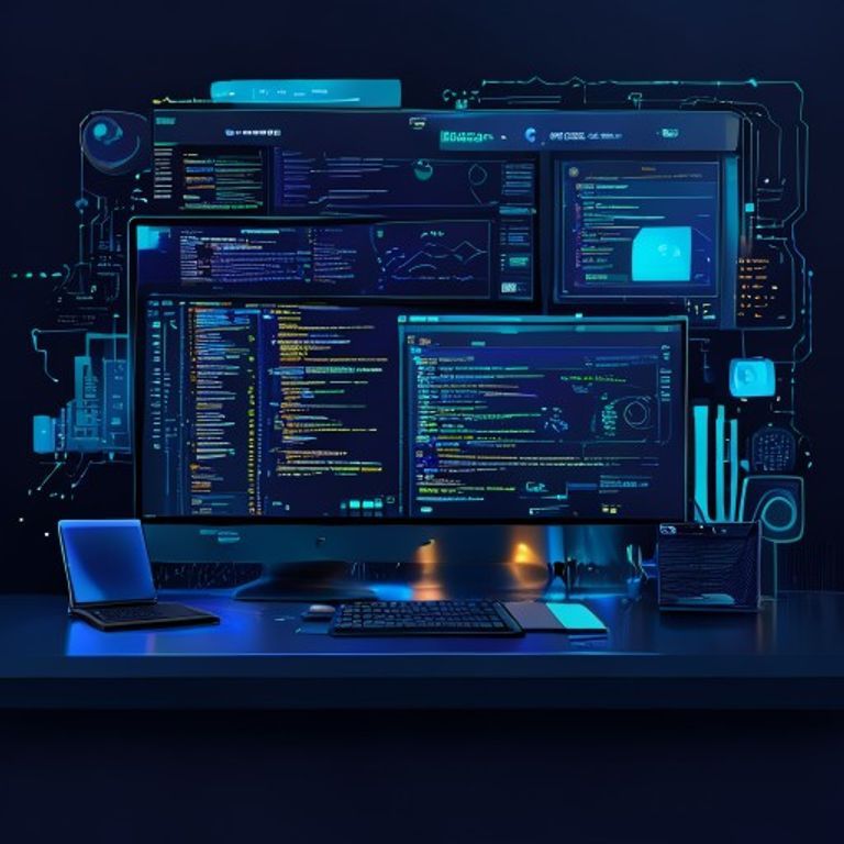 Clean workspace showing code editor interface with AI suggestions, laptop with multiple screens - AI Precision Marketing