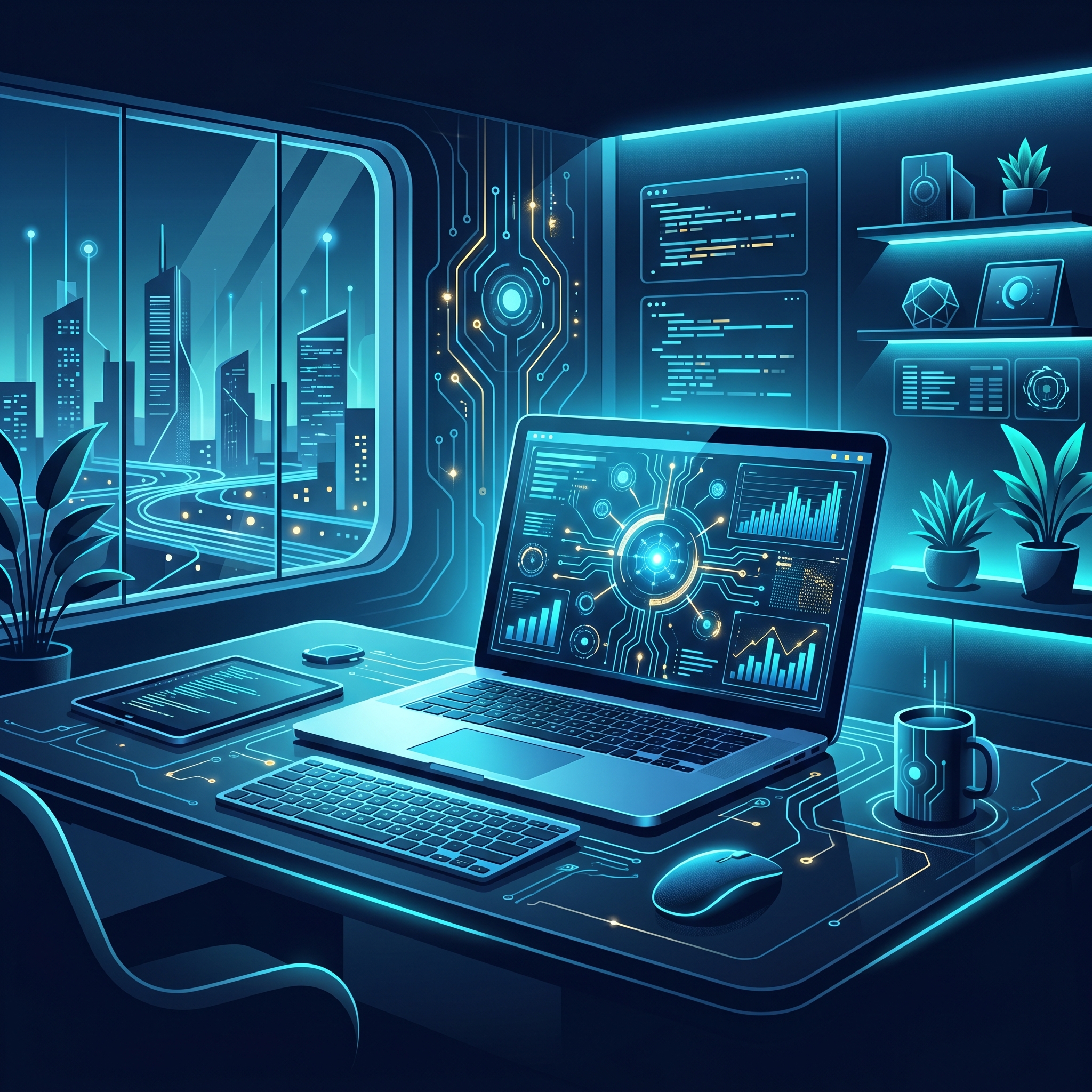 Modern tech workspace scene with a laptop screen and clean office - AI Precision Marketing