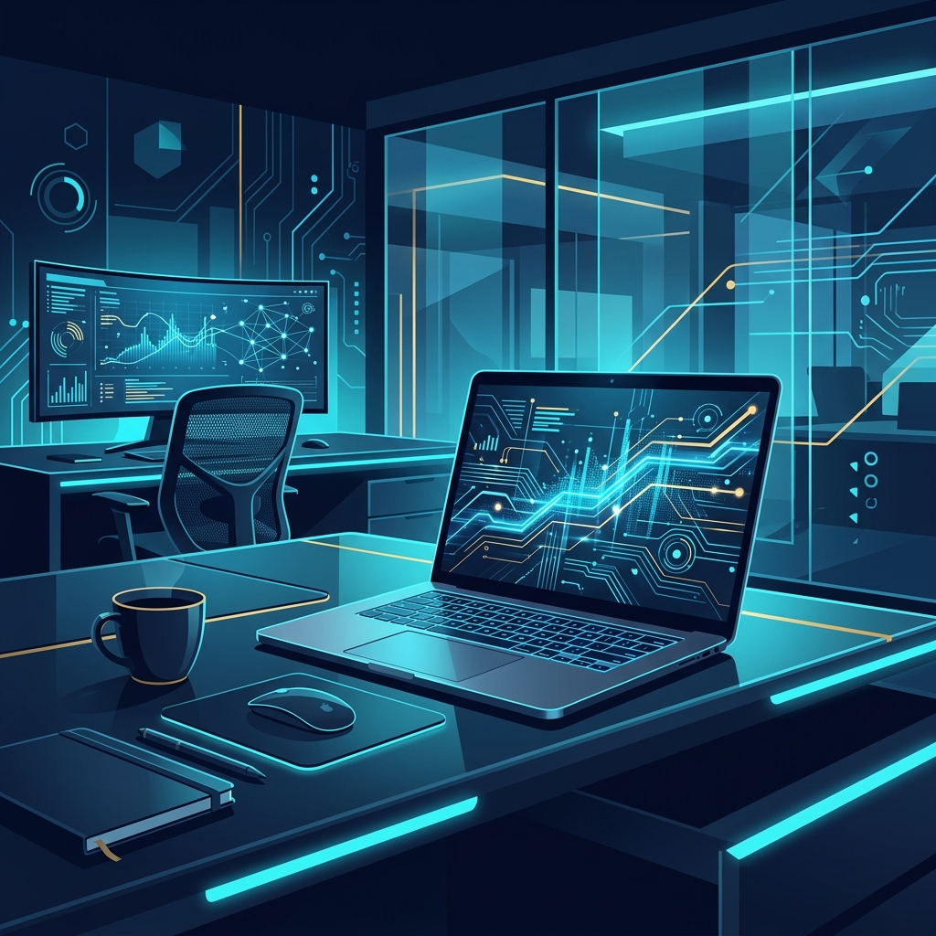 Modern tech workspace scene with a laptop screen - AI Precision Marketing