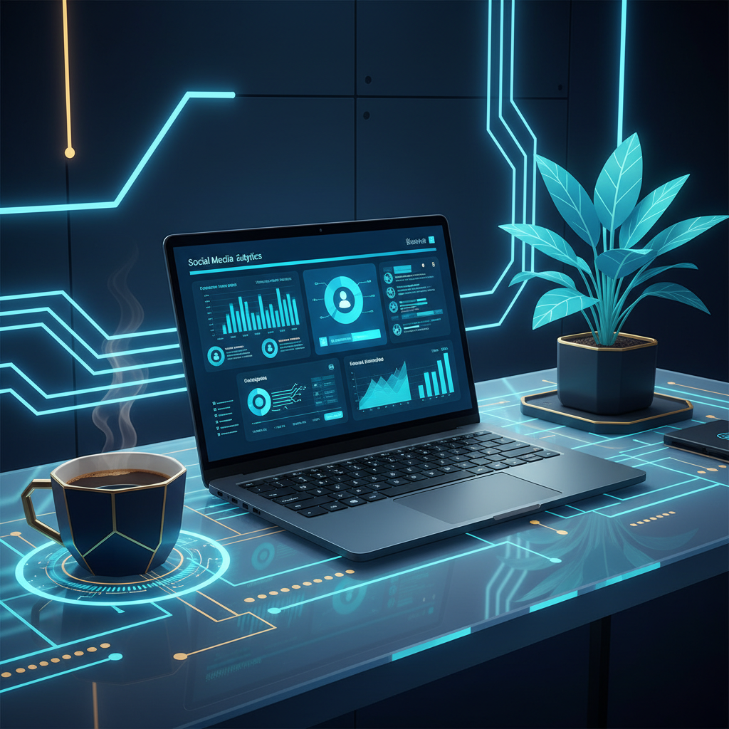 A modern, clean office workspace with a laptop displaying social media analytics, a coffee cup, a... - AI Precision Marketing