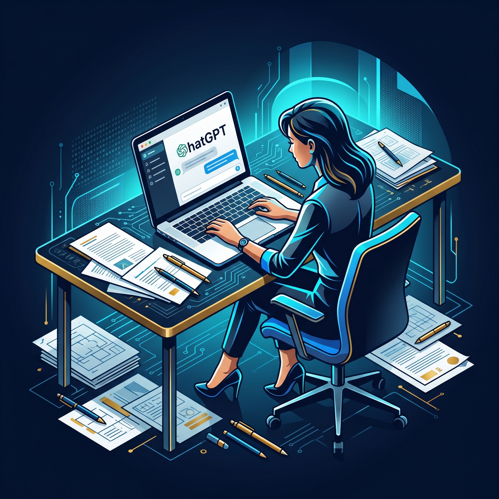 A person sitting at a desk with a laptop screen showing the ChatGPT interface, surrounded by pape... - AI Precision Marketing