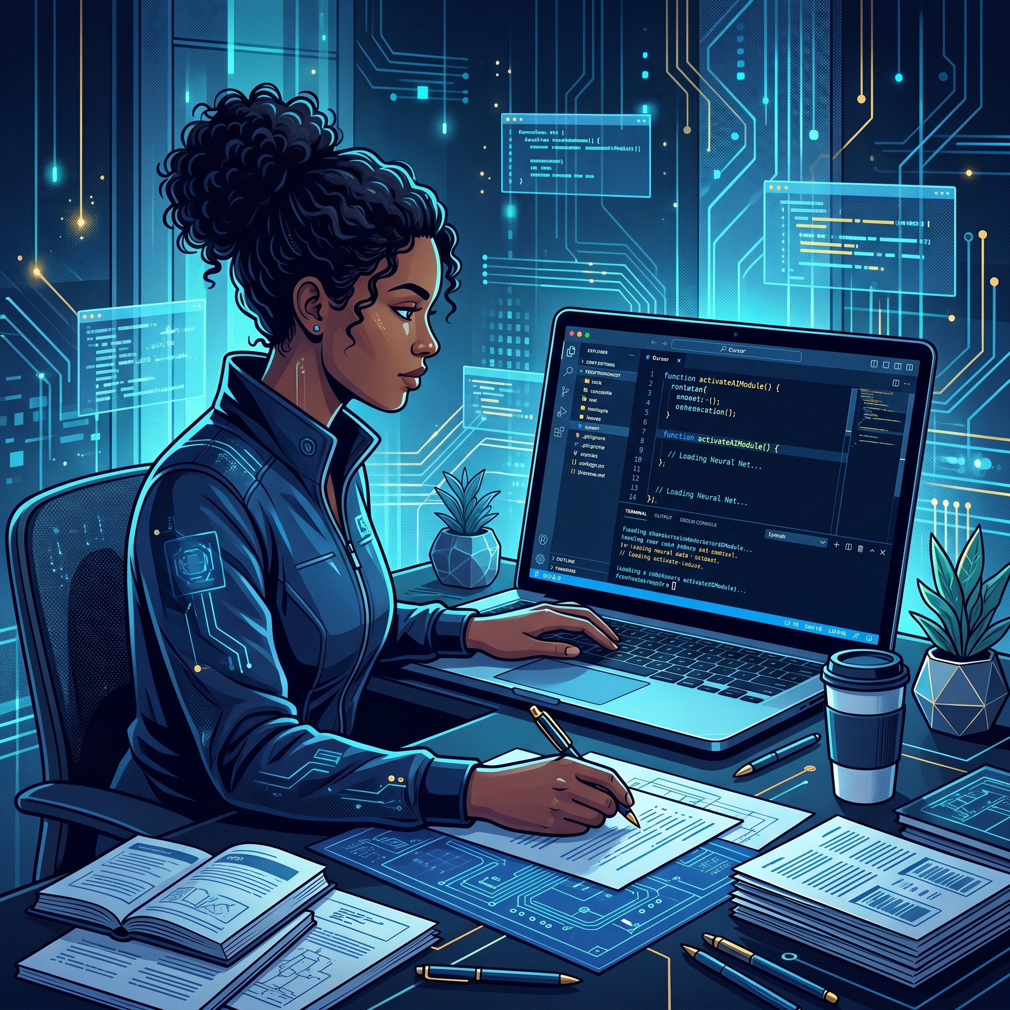 A person sitting at a desk with a laptop screen showing the Cursor interface, surrounded by paper... - AI Precision Marketing