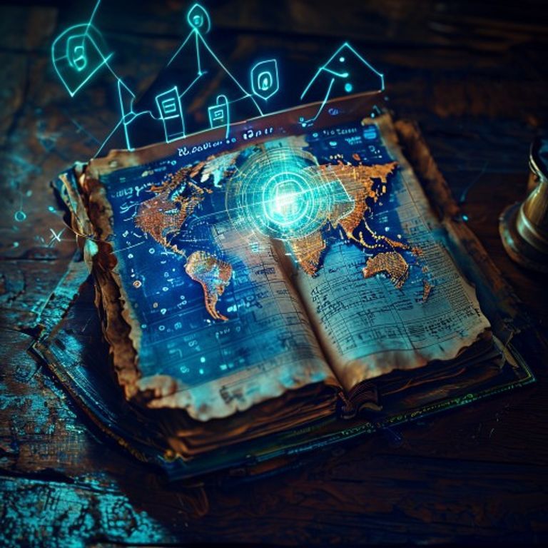 A worn, leather-bound global atlas open to a page showing multiple intertwined language symbols,... - AI Precision Marketing