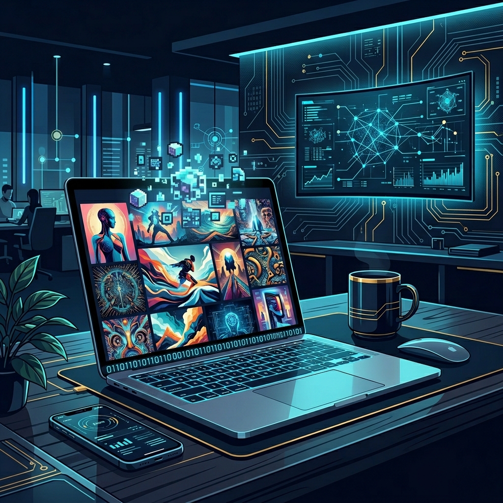 Modern tech workspace with laptop displaying AI-generated images, clean office setting - AI Precision Marketing