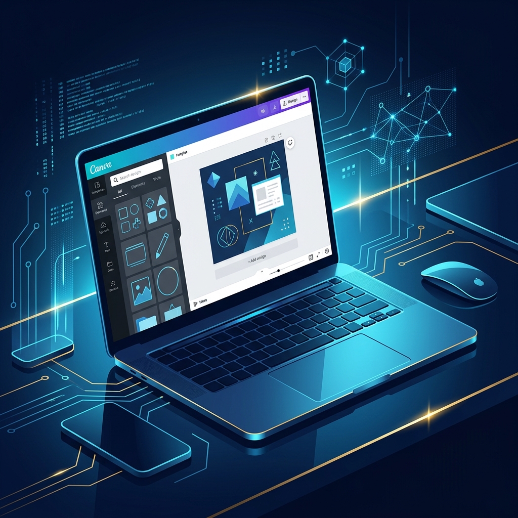 Modern workspace with laptop displaying Canva interface, design elements visible - AI Precision Marketing