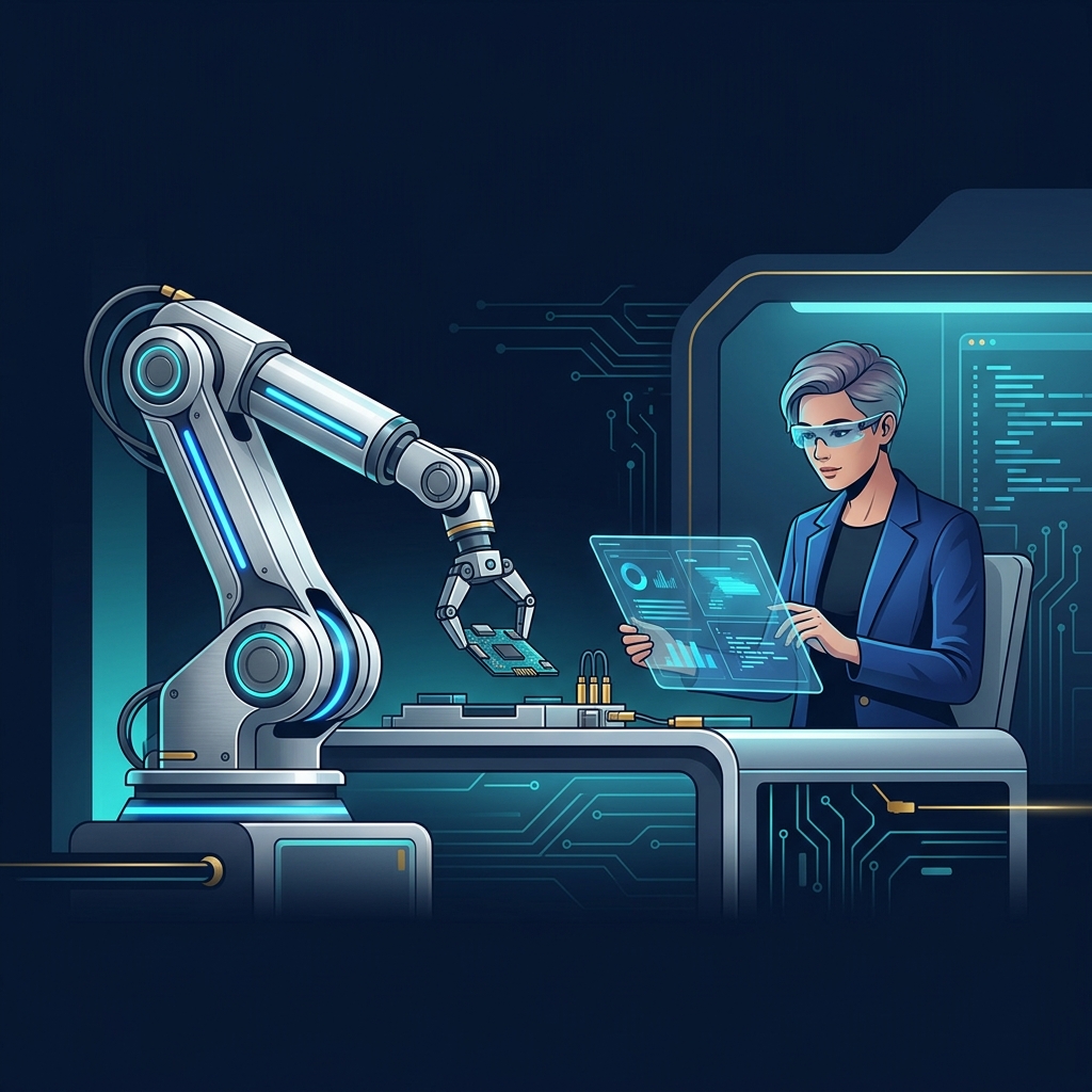 Modern tech workspace with robotic arm working alongside human, clean office setting - AI Precision Marketing