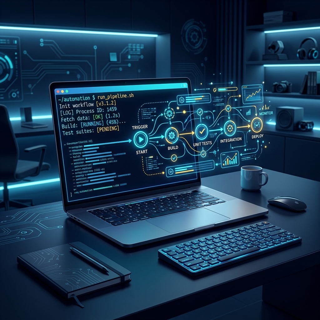 Clean office desk with laptop showing terminal interface and automated workflow visualization - AI Precision Marketing