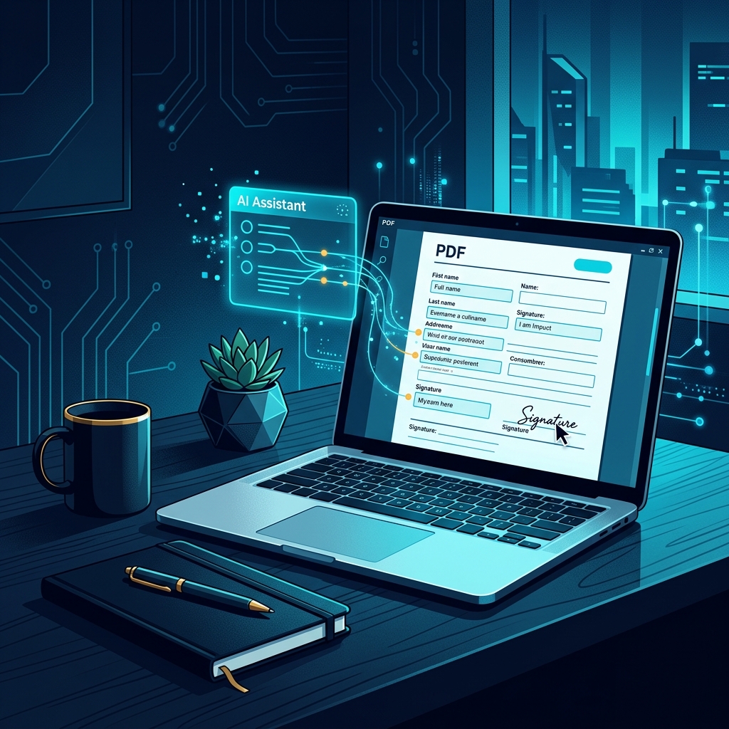 Modern office workspace with laptop showing PDF form being filled by AI interface, clean desk wit... - AI Precision Marketing