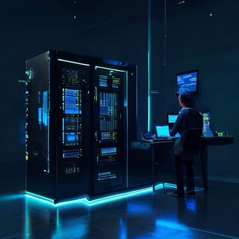 A sleek black server unit with glowing blue accents, positioned next to a small business retail c... - AI Precision Marketing