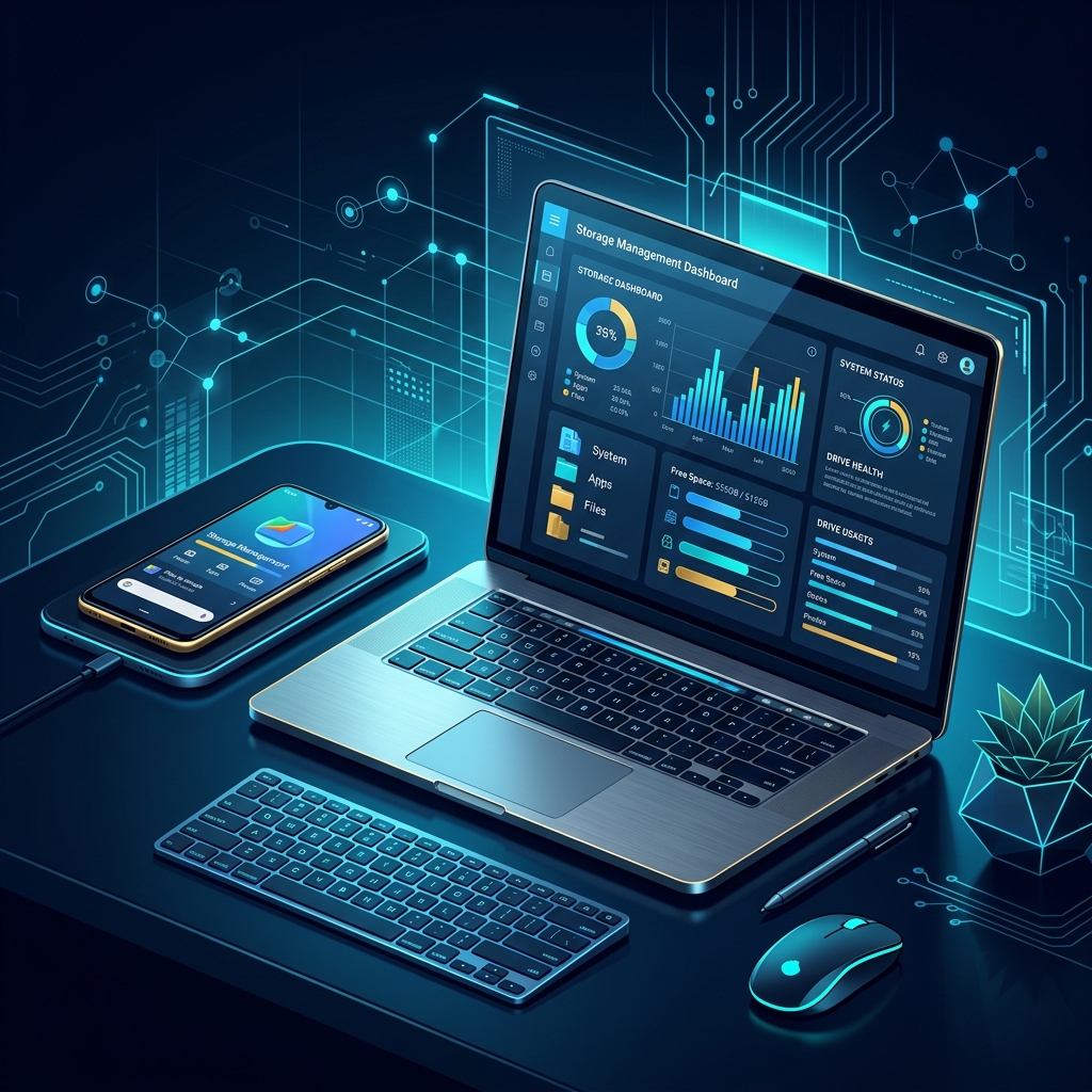 Modern tech workspace with Android phone, laptop, and storage management dashboard - AI Precision Marketing