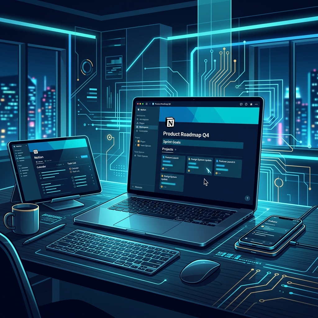 Modern workspace with Notion interface on laptop tablet and smartphone - AI Precision Marketing