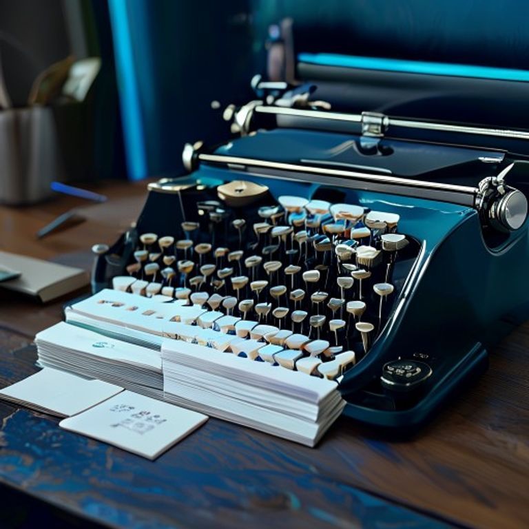 A vintage typewriter with a stack of freshly printed, perfectly aligned business cards fanned out... - AI Precision Marketing