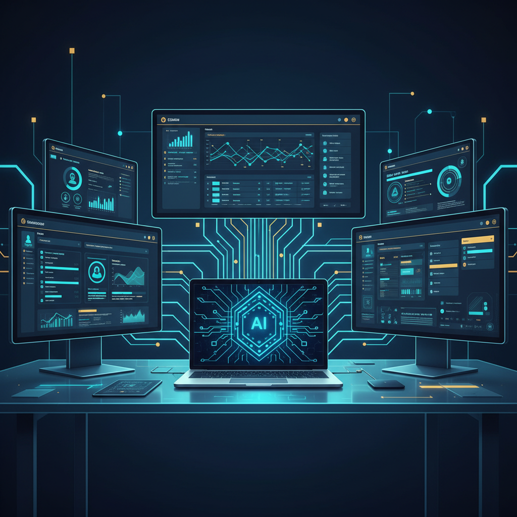 A modern, clean office desk with multiple screens displaying various business software interfaces... - AI Precision Marketing