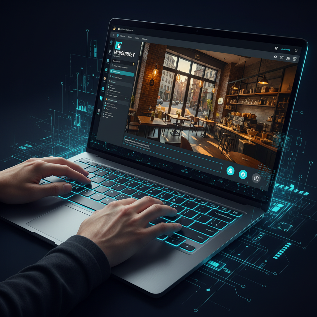 A close-up of a hand typing on a keyboard, with a laptop screen displaying a Midjourney interface... - AI Precision Marketing