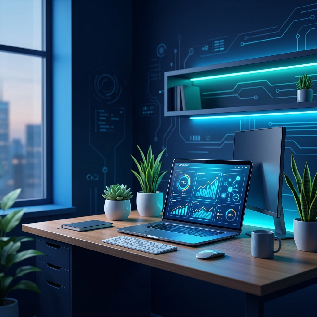 Modern small business office with laptop showing automation dashboard, organized workspace with p... - AI Precision Marketing