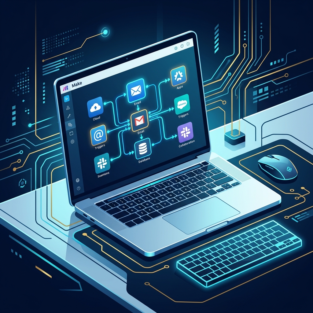 Clean, modern workspace with laptop showing Make's visual workflow builder interface - AI Precision Marketing