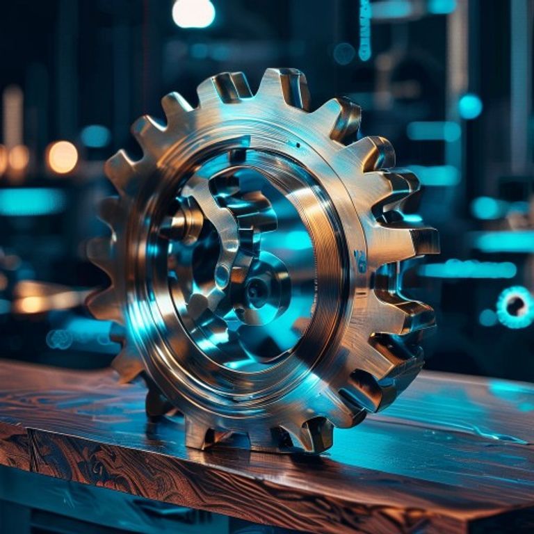 A complex, interlocking gear mechanism, perfectly meshed and turning smoothly, made of polished b... - AI Precision Marketing