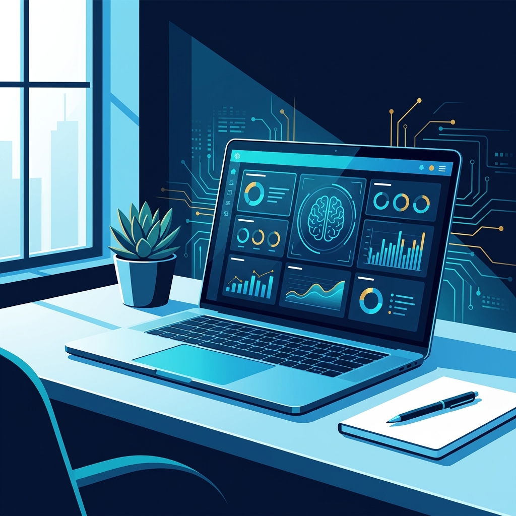 Modern tech office, clean desk, laptop showing AI dashboard, natural lighting, no text overlays - AI Precision Marketing
