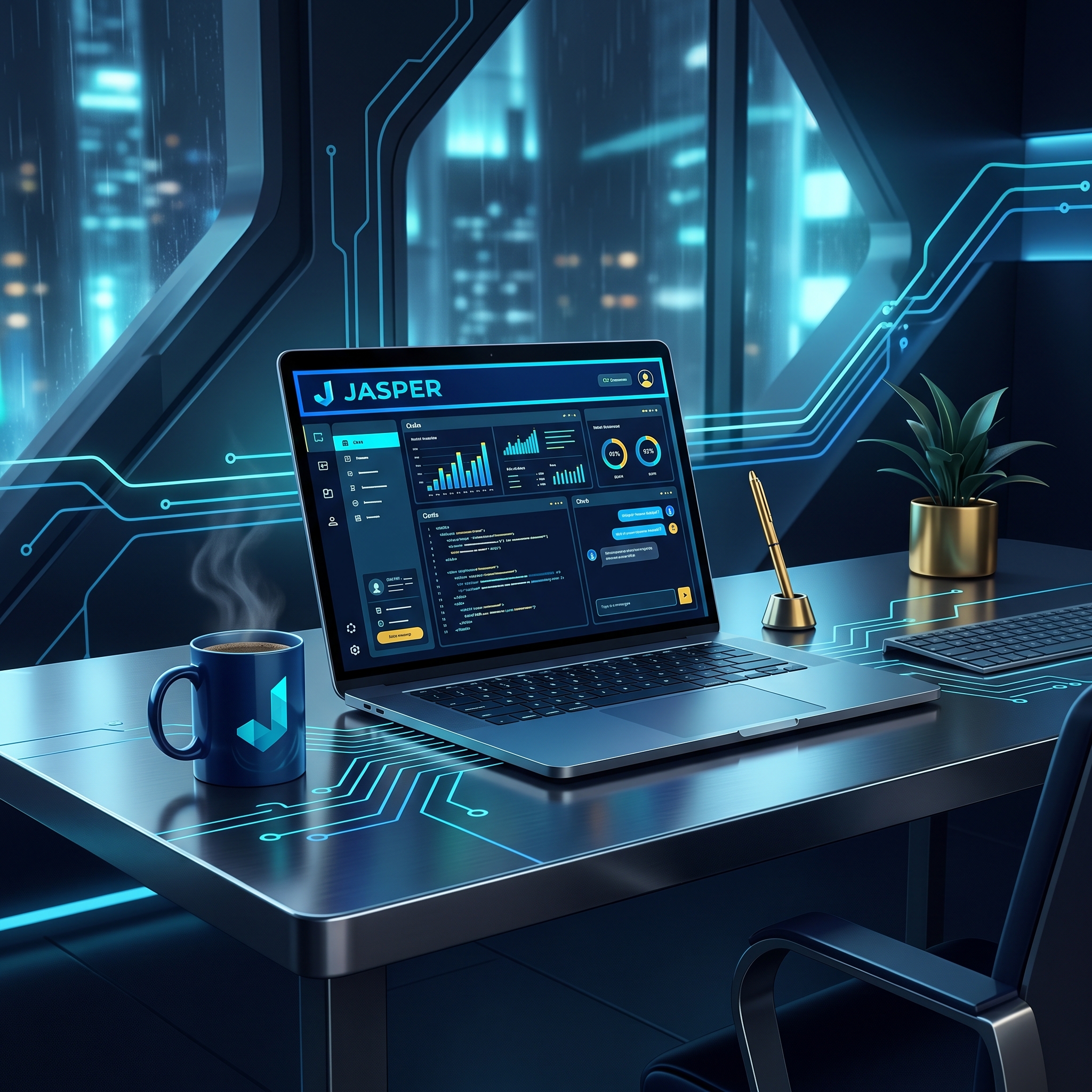 Modern workspace, laptop on desk, Jasper interface on screen, coffee mug, natural light - AI Precision Marketing
