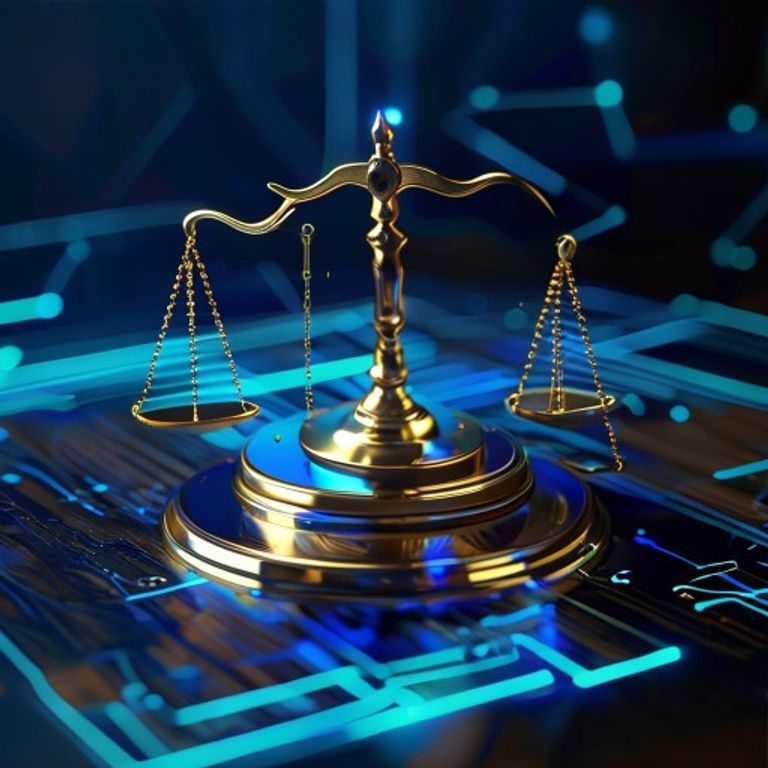 A polished brass scale tipped by a glowing AI chip on a wooden tabletop - AI Precision Marketing