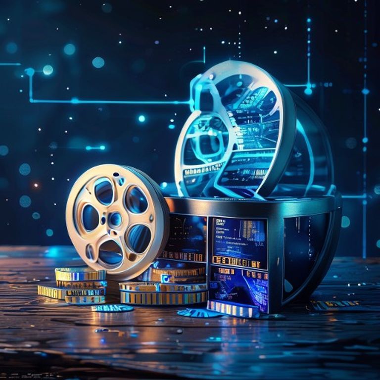 A vintage film reel spilling out bright, labeled short clips onto a wooden desk - AI Precision Marketing