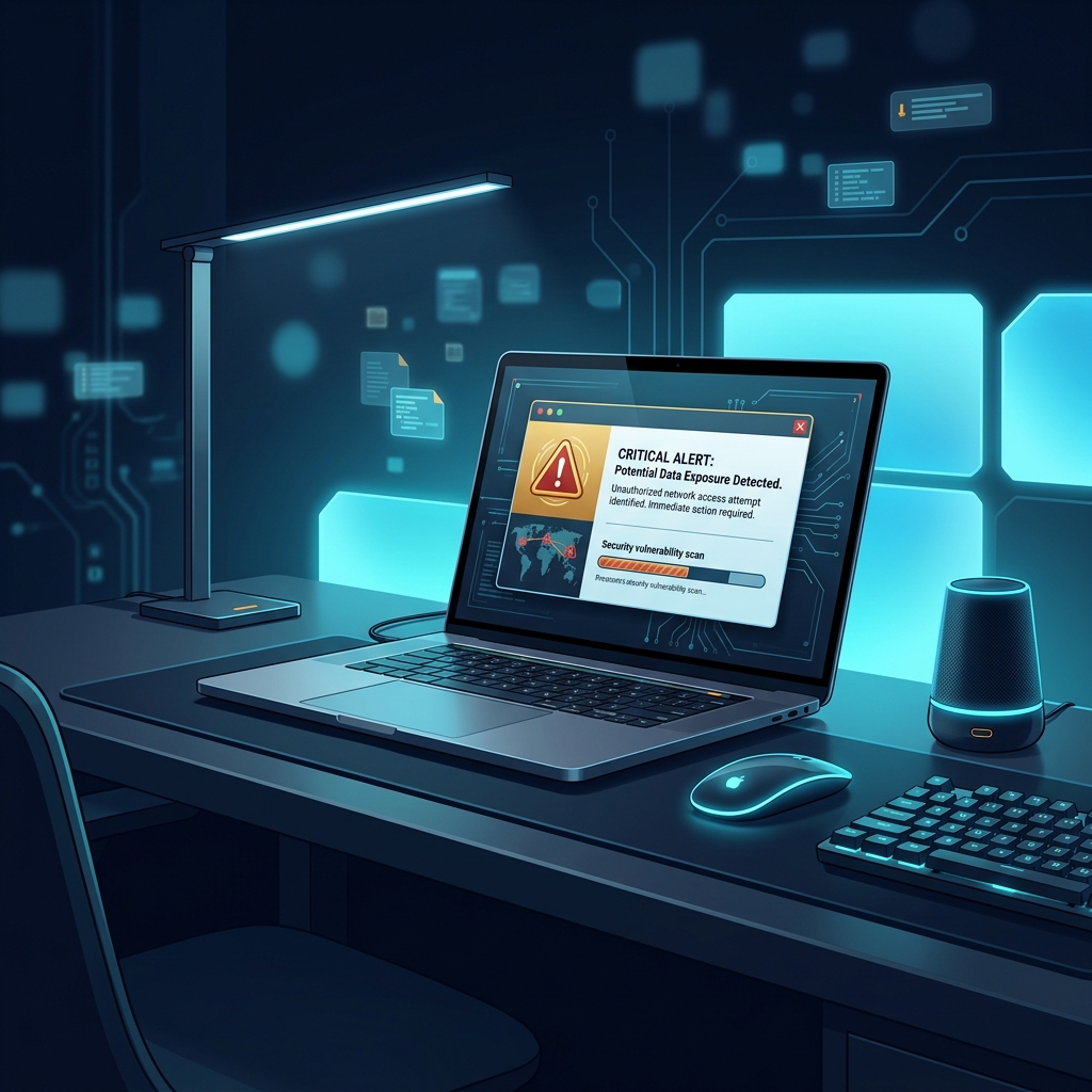 Modern office desk with laptop showing error message about data exposure, clean tech workspace - AI Precision Marketing