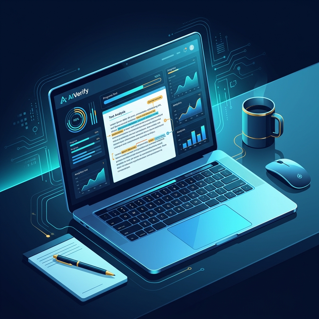 Modern office desk with laptop showing AIVerify dashboard analyzing text, clean tech workspace - AI Precision Marketing