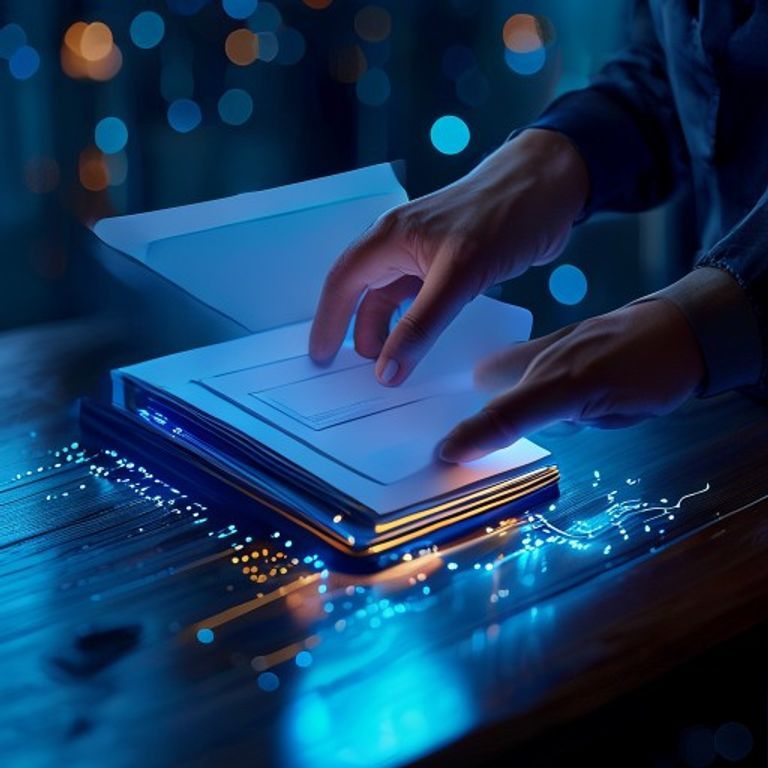 A person's hands placing a document into a glowing file folder icon on a wooden desk - AI Precision Marketing