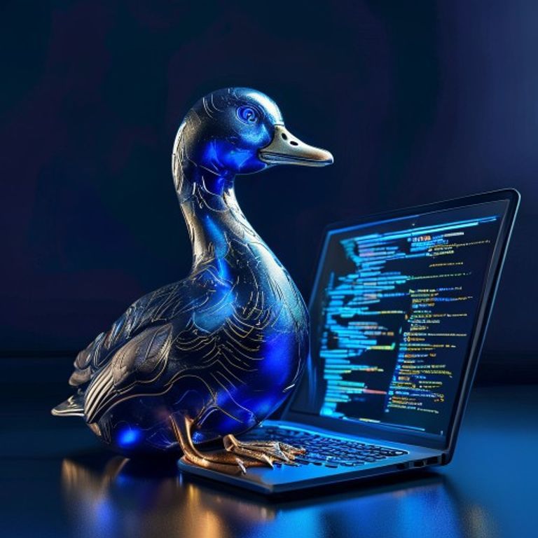 A metal goose figurine sitting next to a laptop with code visible on the screen - AI Precision Marketing