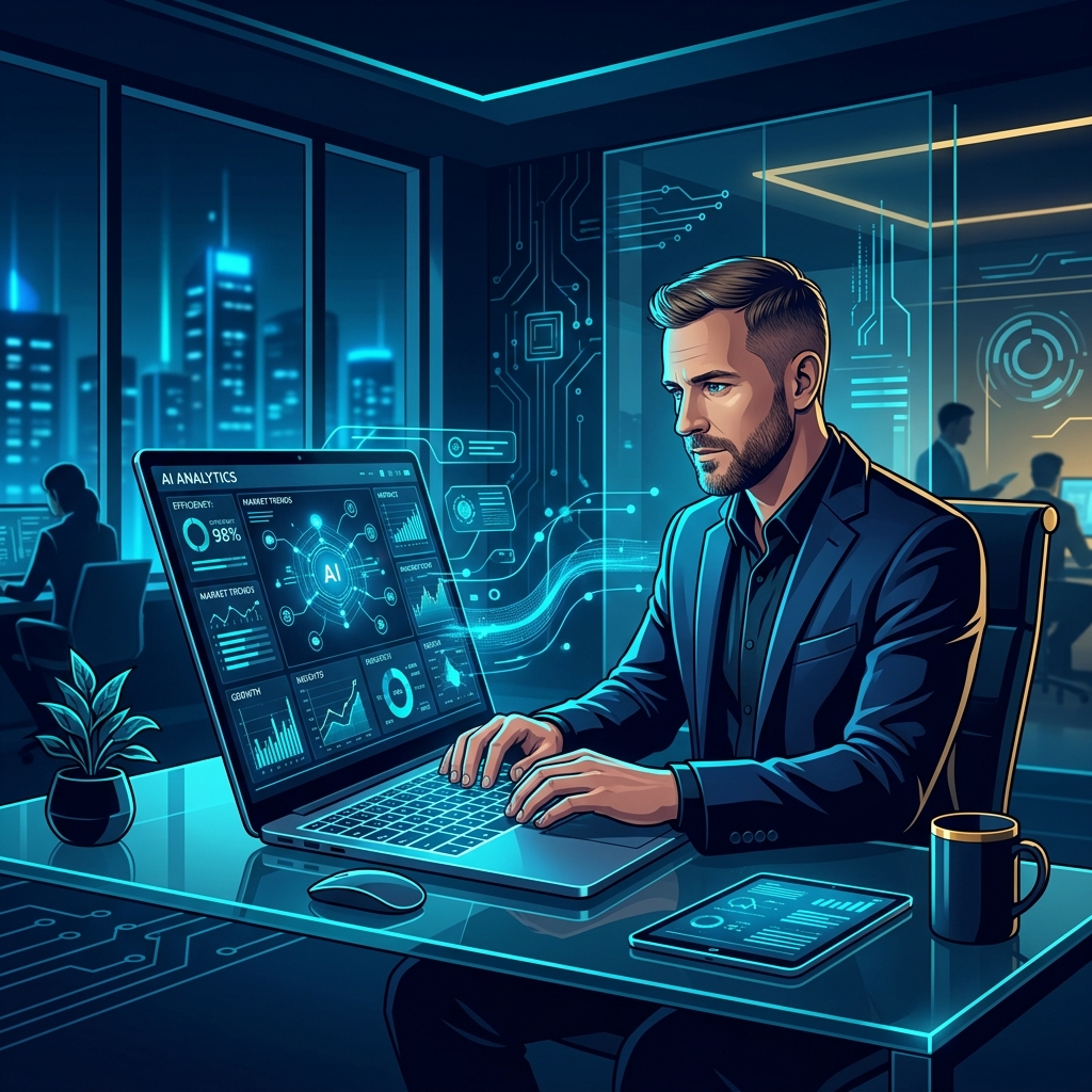 Modern office with laptop showing AI dashboard, business owner working efficiently - AI Precision Marketing