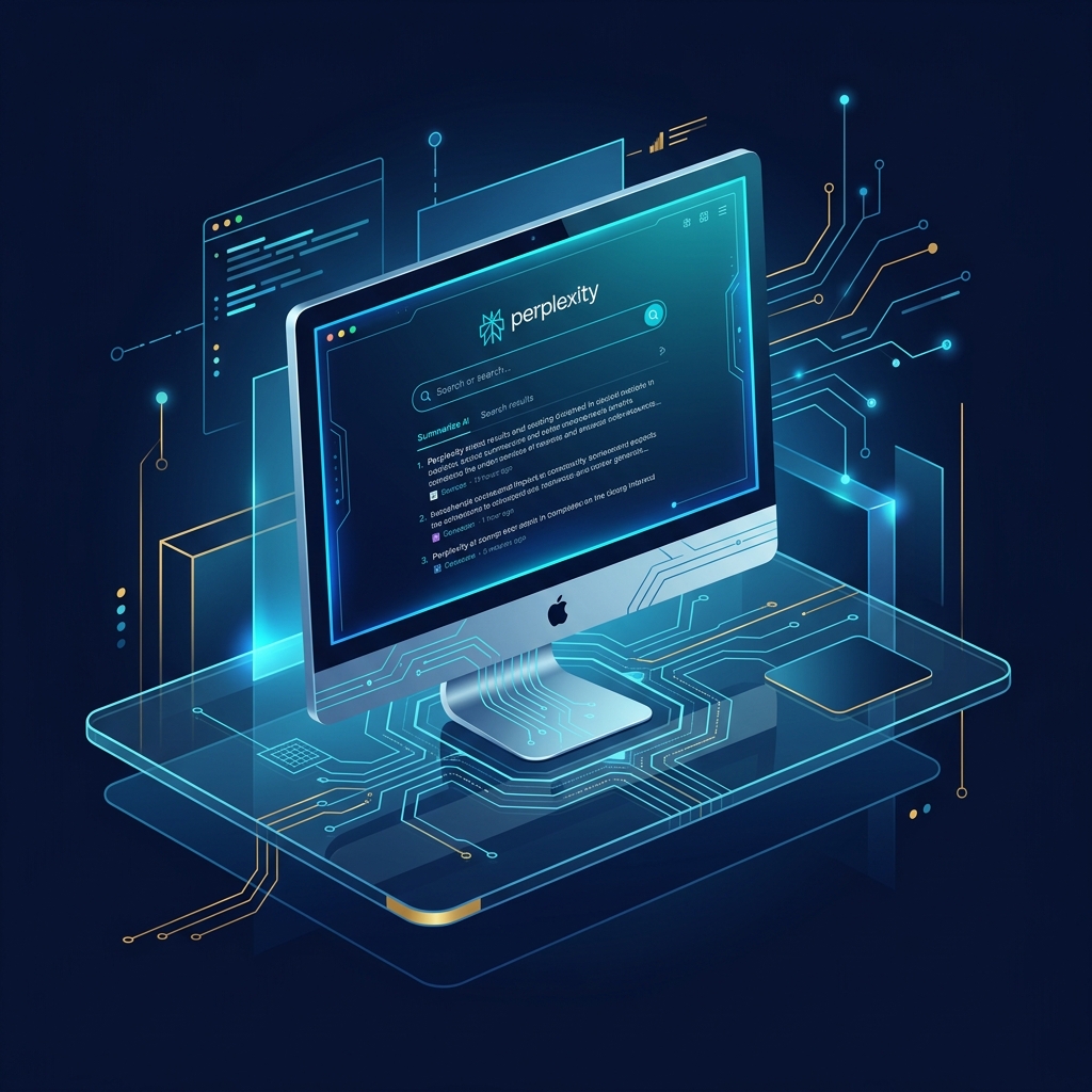 Modern Mac desktop with Perplexity interface visible - AI Precision Marketing