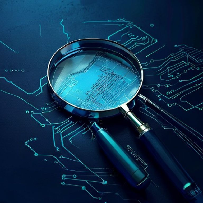 A magnifying glass examining a detailed blueprint, representing careful analysis and attention to... - AI Precision Marketing