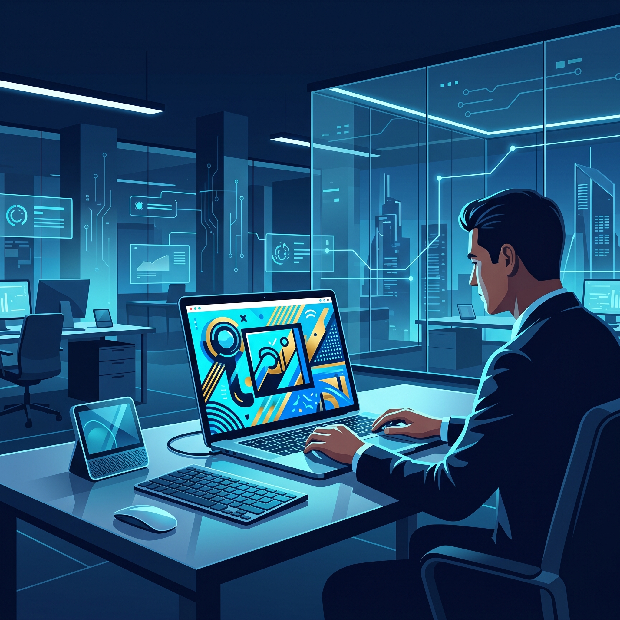 Modern tech workspace with laptop showing ad creative, professional lighting, clean office setting - AI Precision Marketing