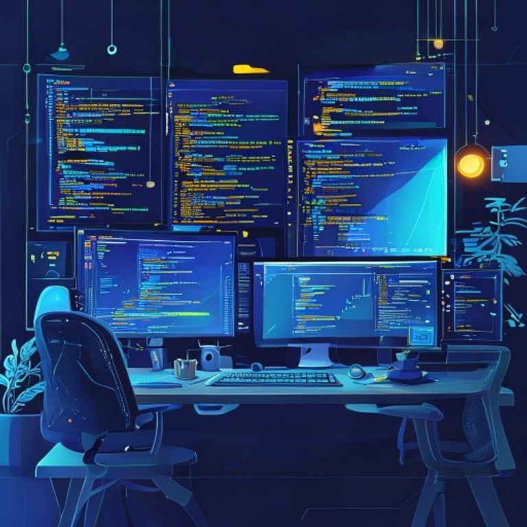 Modern coding workspace with multiple screens showing code editor, clean office lighting - AI Precision Marketing