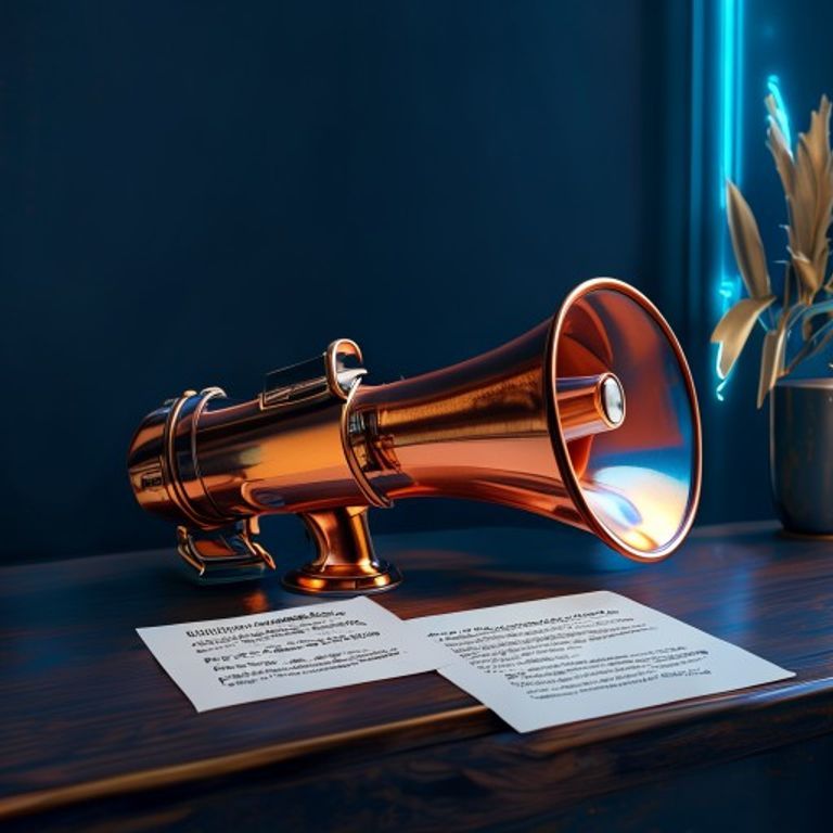 A vintage copper megaphone resting on a wooden countertop beside a handwritten flyer - AI Precision Marketing
