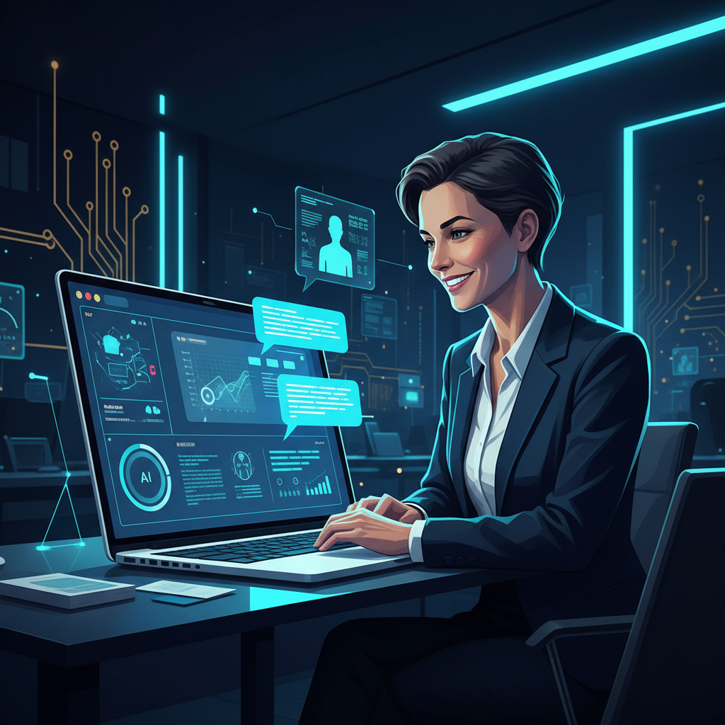 Modern tech scene, clean office, laptop screen showing a CRM dashboard with AI chat bubbles, a bu... - AI Precision Marketing