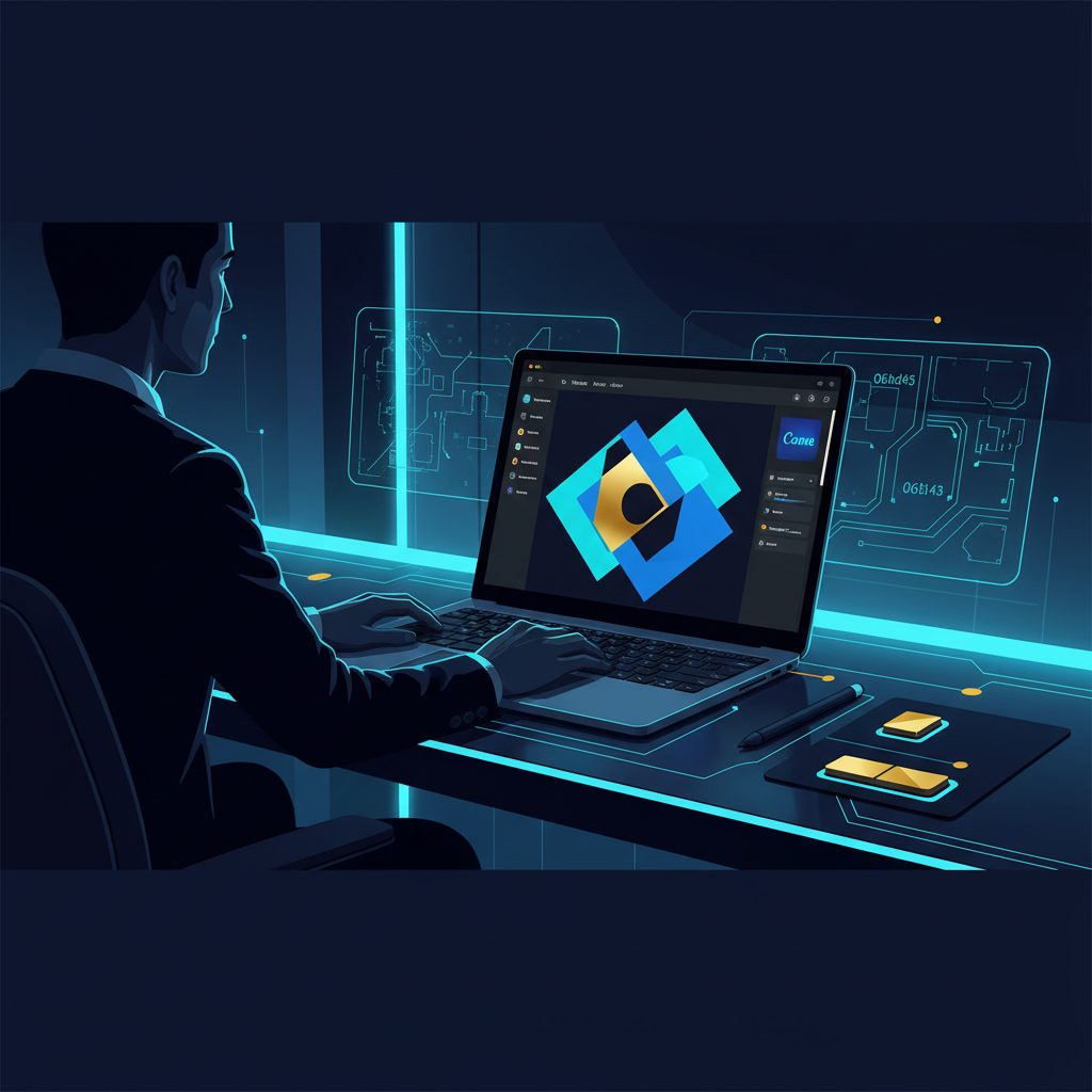 Modern tech workspace with a laptop displaying Canva's design interface, a person creating graphics - AI Precision Marketing