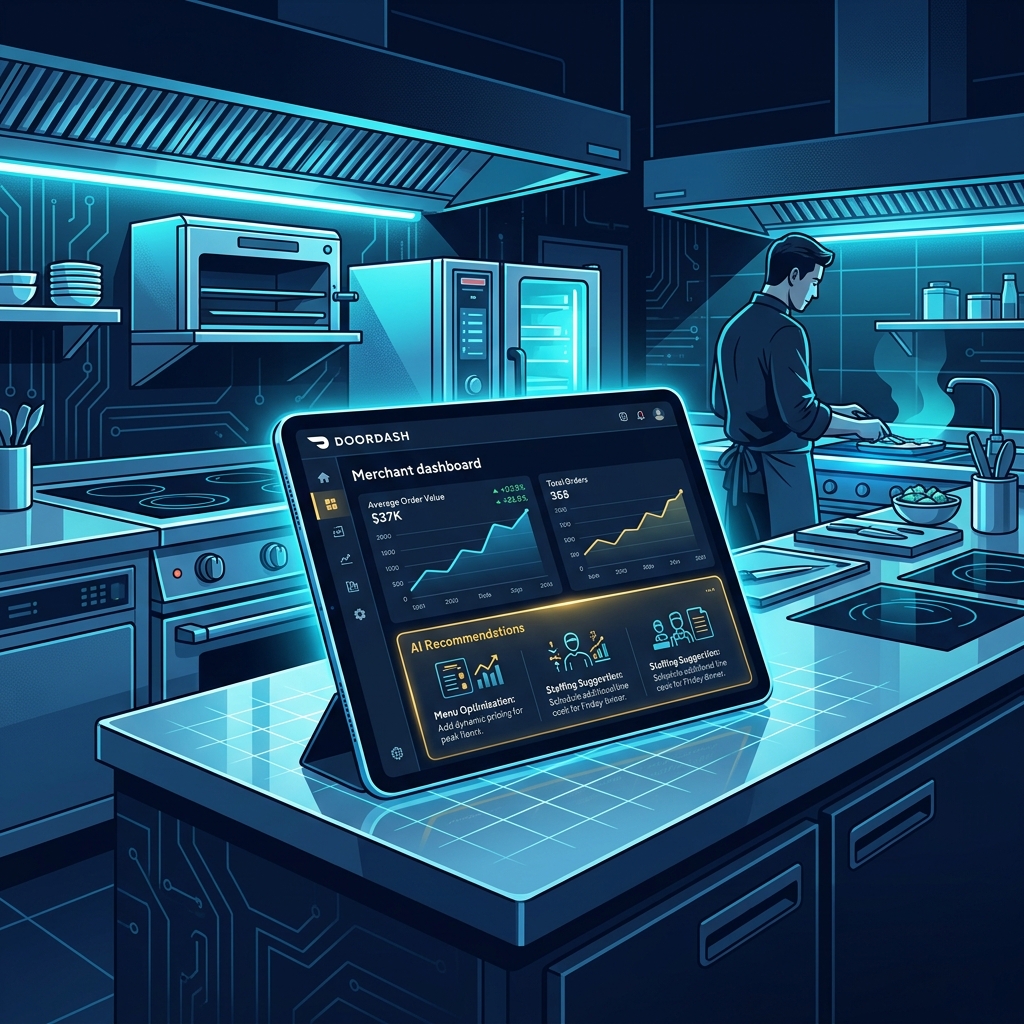 Modern restaurant kitchen with a tablet displaying DoorDash merchant dashboard showing analytics... - AI Precision Marketing