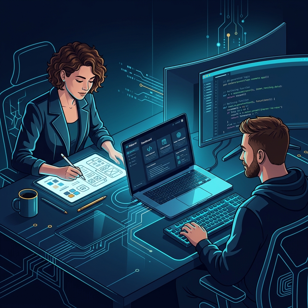 Modern workspace with a laptop showing the MakerAI interface, a designer sketching app concepts,... - AI Precision Marketing