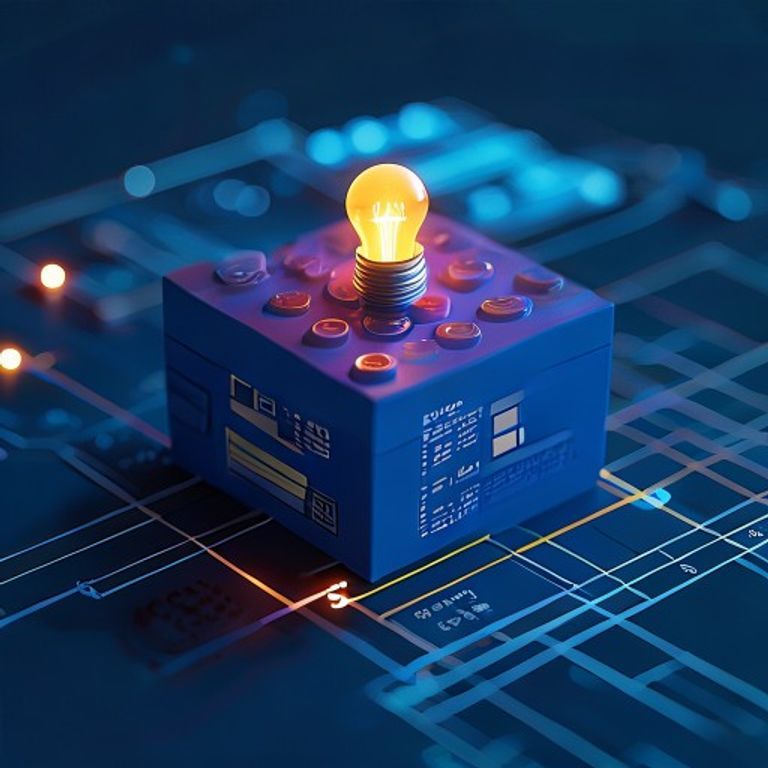 A single, large, brightly colored LEGO brick with a small, glowing lightbulb on top, resting on a... - AI Precision Marketing