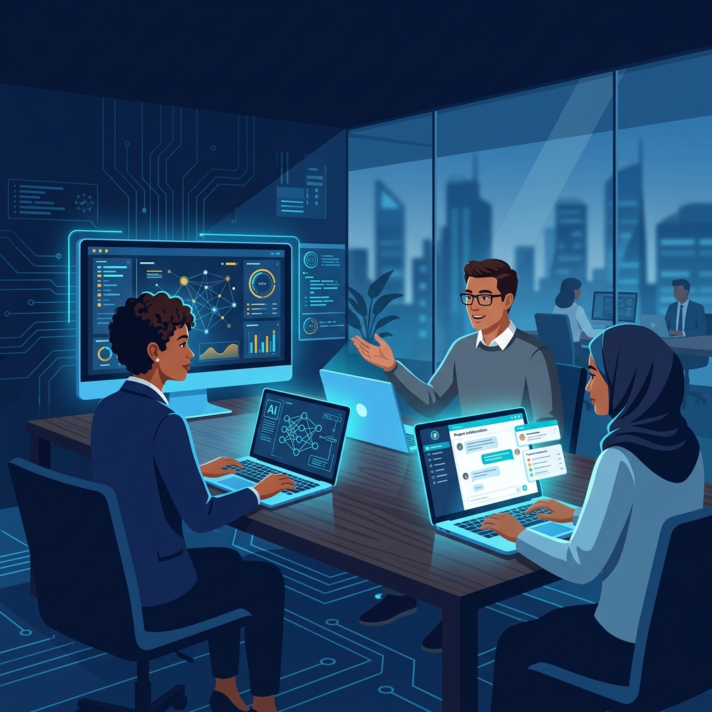 Modern office workspace with laptop screens showing AI interfaces and team collaboration - AI Precision Marketing