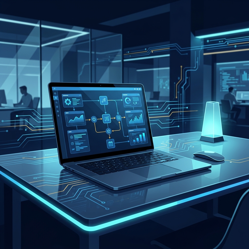 Modern office workspace with laptop showing workflow automation interface - AI Precision Marketing