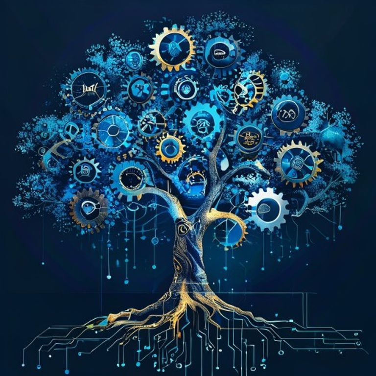 A vibrant, healthy tree with strong roots, its branches forming various gears and interconnected... - AI Precision Marketing