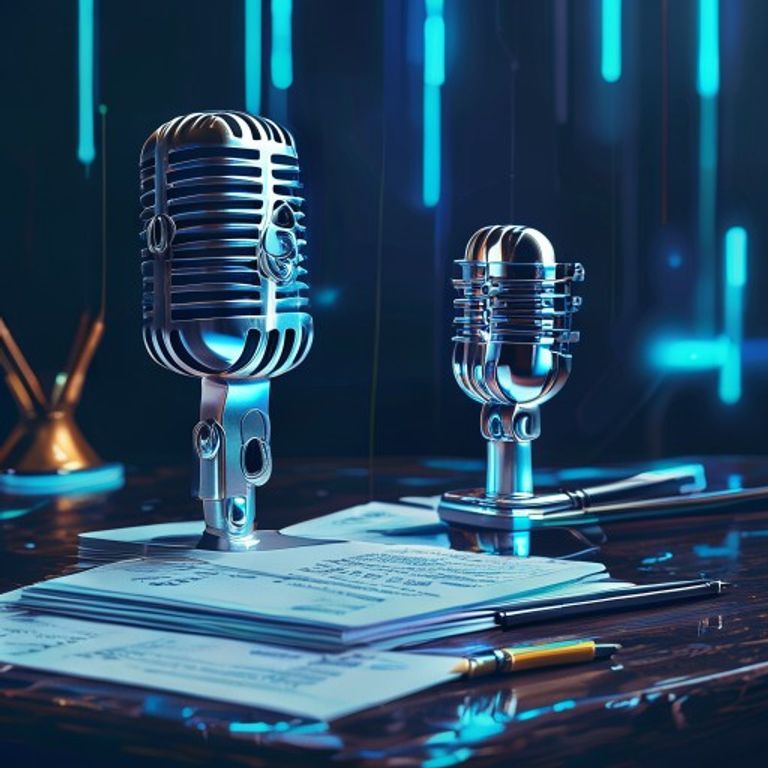 A vintage-style microphone on a polished wooden desk, with a neatly organized stack of index card... - AI Precision Marketing