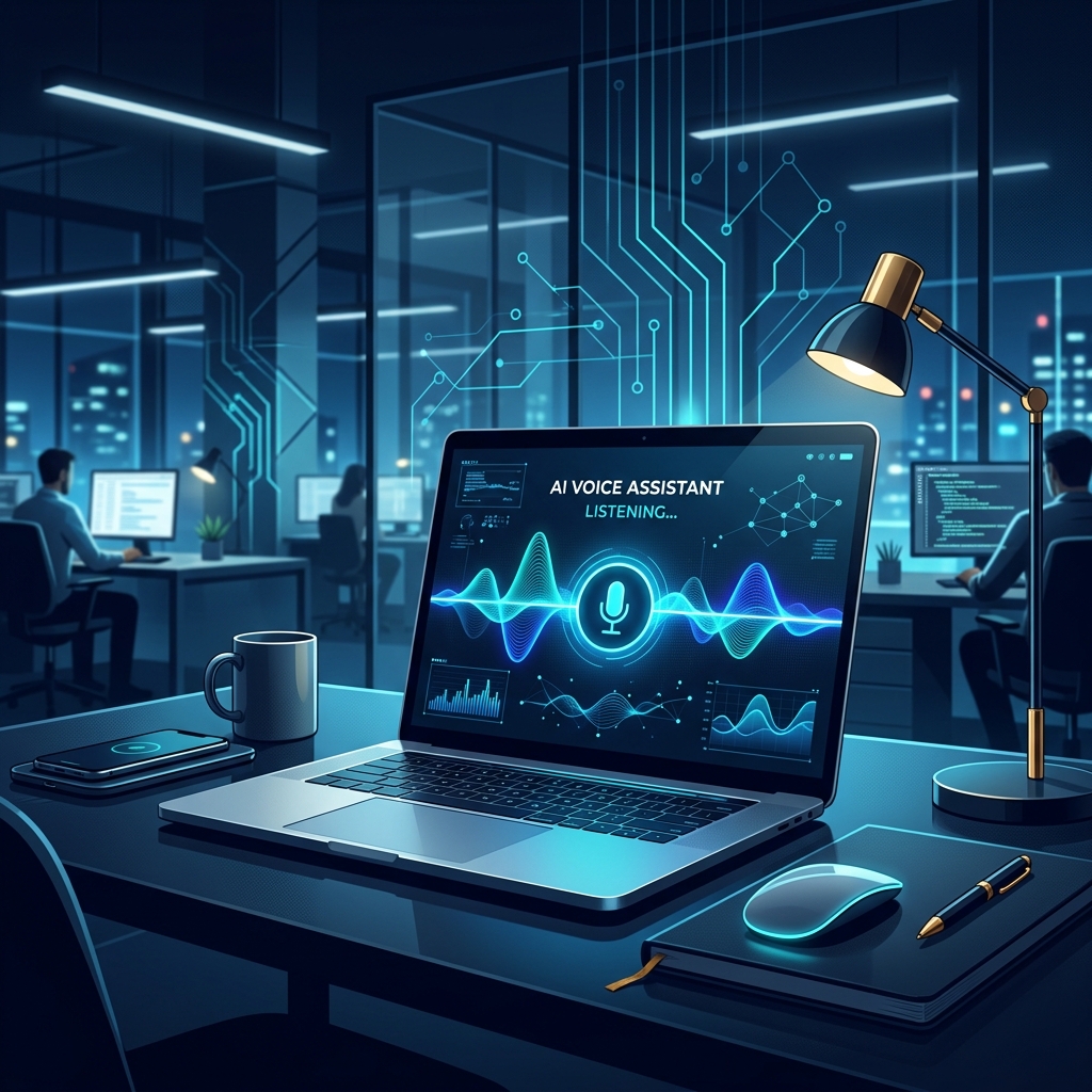 Modern tech workspace with laptop showing AI voice interface, clean office background - AI Precision Marketing
