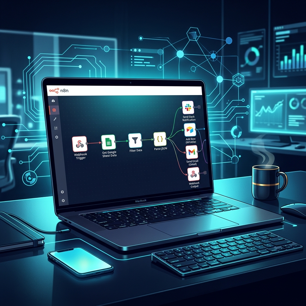 Modern office workspace showing laptop with n8n workflow interface, multiple apps connected - AI Precision Marketing