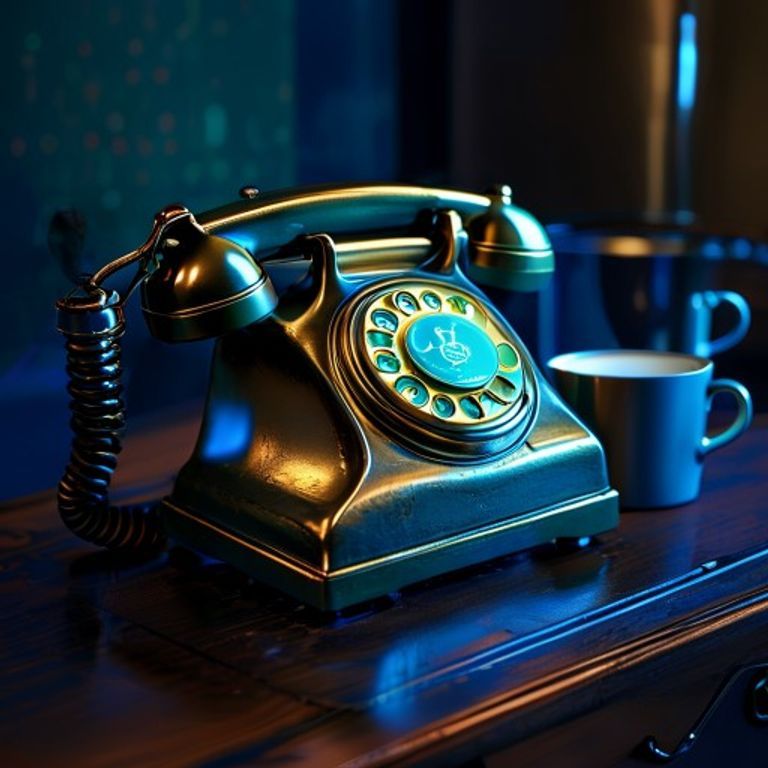 A vintage brass rotary phone with a green light glowing on the dial, placed on a wooden counterto... - AI Precision Marketing